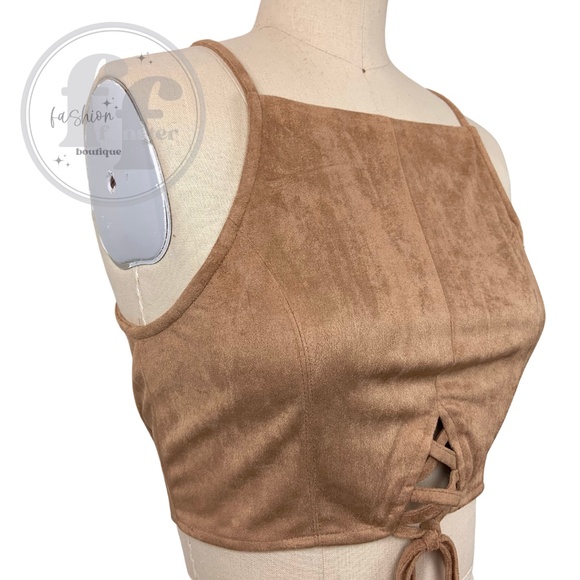 Boho 1960s 1970s Style Faux Tan Brown Suede Leather Festival Halter Tie Crop Top - Picture 3 of 9